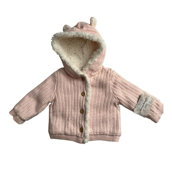 Tommy Bahama Sweater Jacket Size 3-6M Pink Herringbone Sherpa Lined Bunny Ears - Picture 1 of 10